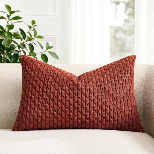 Kevin Textile Fall 14x24 Inch Pillow Cover 1 Pack Boho Decorative Soft Striped Corduroy Lumbar Farmhouse Solid Color Accent Rectangle Cushion Case for Living Room Couch Sofa Bed Burnt Brick