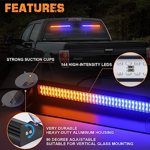 XRIDONSEN Emergency Dash Strobe Lights 144 LED Amber Blue Warning Hazard Safety 2X 14.5 inch Front/Rear Interior Windshield Lights w/Suction Cups Deck Split Mount for Vehicles Trucks - Image 4