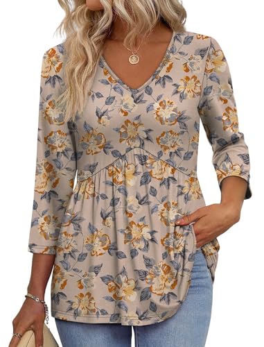 Image of OFEEFAN 3 /4 Length Sleeve Womens Tops 2026 Blouses for Women Dressy Casual Fashion Clothing V Neck Babydoll Tops Fall Outfits