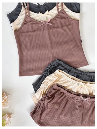 Women's 6 Piece Knitted Pajama Set Sleeveless Crop Cami Top and Slit Ruched Shorts Pj Set Bow Lounge Set Sleepwear3
