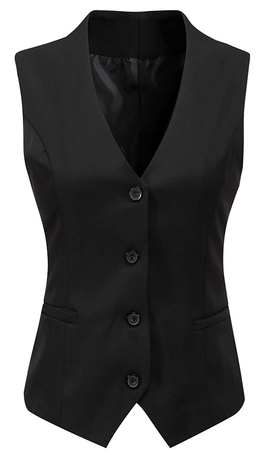 Gilet Vintage Femme Col V Boutonné Steampunk Sans Manches Costume Gilet Poches Couleur unie Veste Décontracté Travail Bureau Tunique Veste