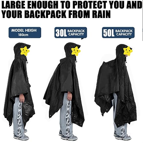Foto von Regenjacke Regenponcho Schwarz, Regencape mit Kapuze 3 in 1 Multifunktional Atmungsaktiv Herren & Damen, Regenmantel Wasserdichter für festival, Camping, Wandern, Picknick.