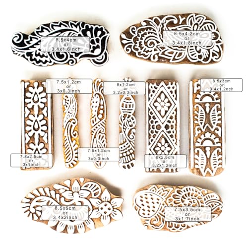 Image of Wooden Stamp Block, Printing Stamp Design Set | Block For Printing Saree Border | Dresses, Craft Card Making, Scrapbook, Clay Pottery | Set of 10