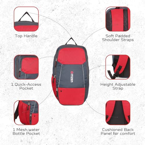 Image of Citizen Ultimate Gym Bag 17L - Quick Access Pocket, Separate Shoe Compartment, Bottle Holder, Reflective Strips for Safety, Adjustable Shoulder Strap, Lightweight-Men & Women-Grey Red