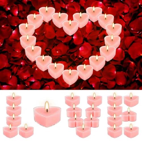 50Pcs Valentines Day Tealight Candles Rose Scented in Clear Cup Love Pink Wax Votive Candle for Valentines Day Home Decor Wedding Anniversary 4Hours Heart Shaped