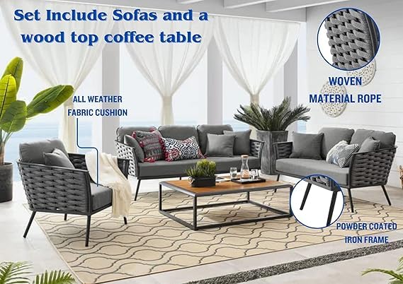 Mymigos Patio Furniture Set, 4 Pieces for Porch Backyard Garden Outdoor Furniture Rope Sofa with Wooden Top Table Premium Conversation Set with Washable Soft Cushion in Grey Color 2