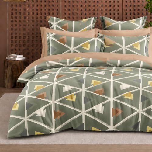 Image of DECOR2ADMIRE 300 TC Super King Size Glace Cotton Printed Bedsheet with 2 Pillow Covers - 108 inch x 108 inch (275cm x 275cm) - Available in Multiple Elegant Designs (Green Blocks)