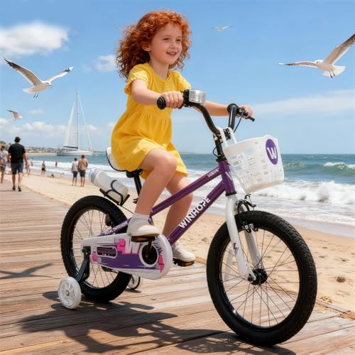 Image of WinHope 12-18 Inch Kids Bike with Light up Training Wheels for Boys Girls | Dual Brake Bicycle with Basket Adjustable Seat Water Bottle for Summer Riding Birthday Gift for Toddler 2-9 Years