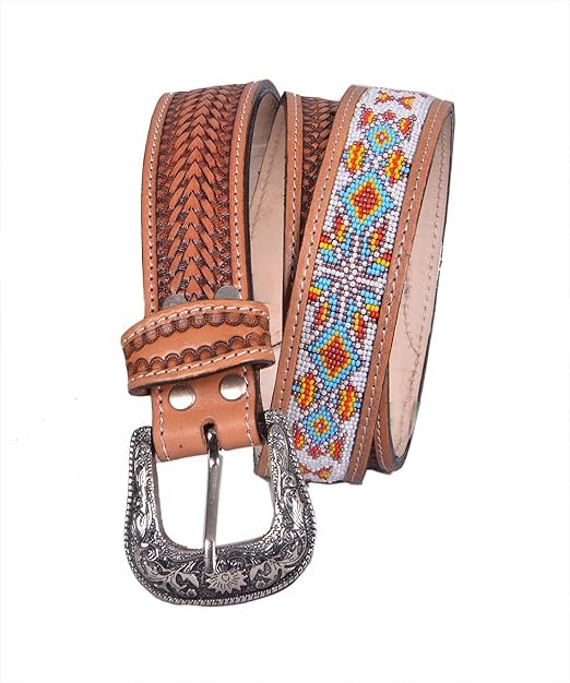 Beaded Leather Belt Handmade Men's Quality Thick Durable Wax Colorful Designs Cowboy Western Style Alloy Classic Fitted Casual Formal Wear in Pant Trouser Jeans Size: Waist 31-34in - Length 39in4