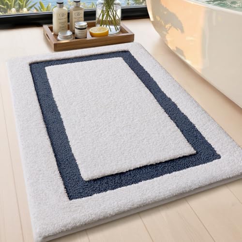 Image of Color&Geometry White Bathroom Rugs 36x24, Extra Soft Absorbent Microfiber Bath Rugs, Non-Slip Bathroom mat, Washable Plush Bath Mats for Bathroom, Shower, Bathtub, Laundry, White Blue