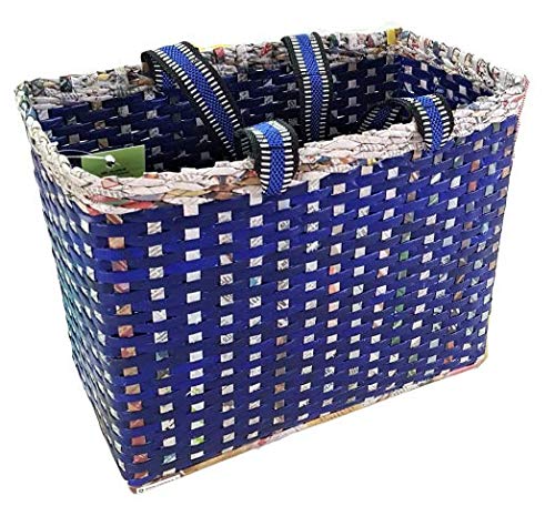 Image of Paperus, Large, Lunch Bag, Picnic Basket, Carry Bag, Handbag, Tiffin Basket for Office; Rectangular, Eco-Friendly, Handmade, of Paper Ropes, in Inch 11 H, 14 L, 7 Wide Base Blue
