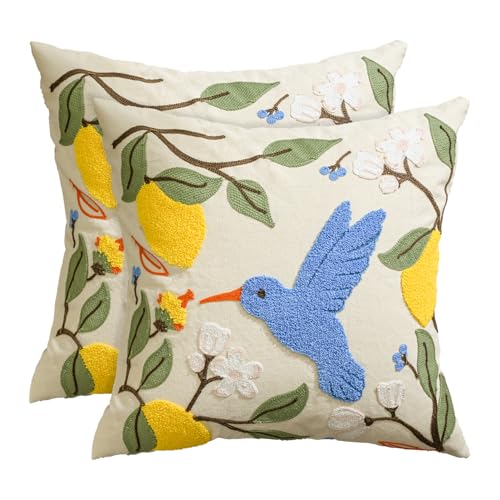 Artoid Mode Juego de 2 fundas de cojín bordadas con diseño de hojas, limón, flores, pájaro, primavera, 45 x 45 cm, para verano, para sofá, salón, decoración
