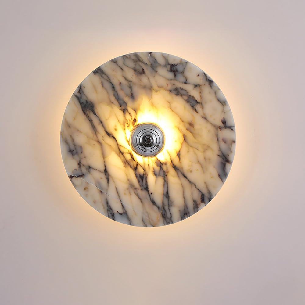 Alabaster Wall Sconce With Alabaster Veining Wall Light, Wabi Sabi Natural Stone Wall Lamp, Modern Hardwired 3000K Hallway Lighting Fixture With Round Marble Stone Vanity Light For Living Room Bedroom