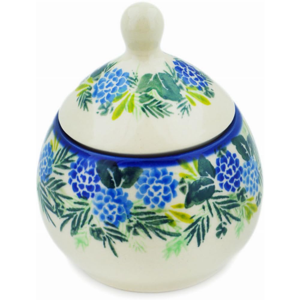 Authentic Polish Pottery Sugar Bowl 6 oz in Thistle Design Handmade in Boles?awiec Poland + Certificate of Authenticity