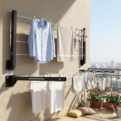 Image of SR Powder Coated Metal Clothes Drying Stand Wall Mounted /Cloth Dryer Stand /Clothes Hanger for Drying Clothes Foldable for Home Or Balcony with 40 Feet Rope and Fasteners Set