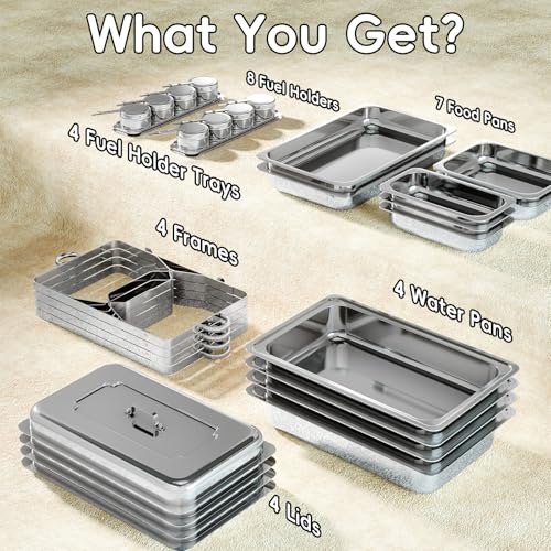 Image of Amhier Chafing Dishes for Buffet, 9Qt, 4 Pack, Silver | Multi-Size Food Pans, Foldable Frame, Sturdy and Durable, Roll-Edge Design, Stainless Steel, For Parties, Weddings, Festival