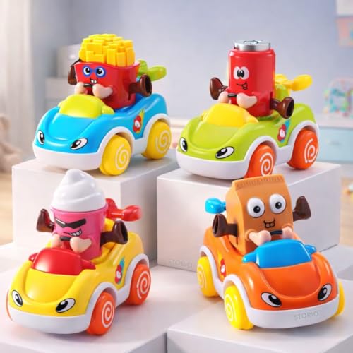 Image of Storio Pack of 4 Foodie Toy Cars | Friction Powered Push and Go Vehicles | Educational Baby Cars for 1-3 Years | Cartoon Themed Mr Chips, Mr Milk, Mr Coca, Mr Icecream