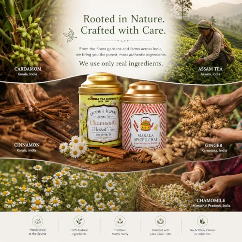 Image of Sancha Tea Boutique, Tea Combo Pack: Chamomile Herbal (50g), Caffeine Free Herbal Tisane & Masala Chai (100g), Loose Leaves, Real Masala Tea