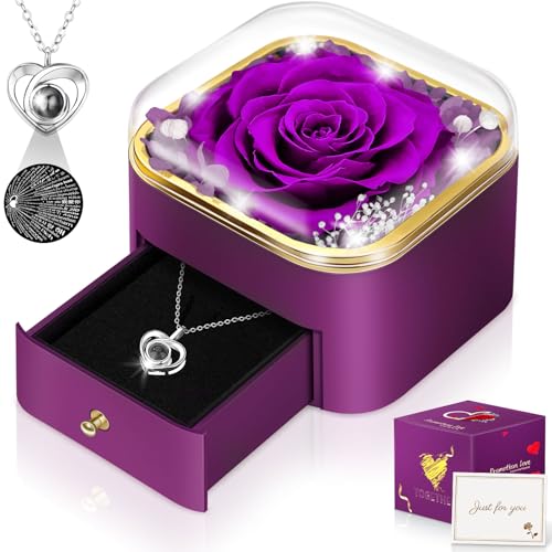 Hnustbo Regalos Originales para Mujer, Mamá, Novia, Flores Eterna, Rosa Real Preservada con Collar, Regalos Ideales para Ella En Cumpleaños, Aniversario, Día De San Valentín, Día De La Madre, Navidad