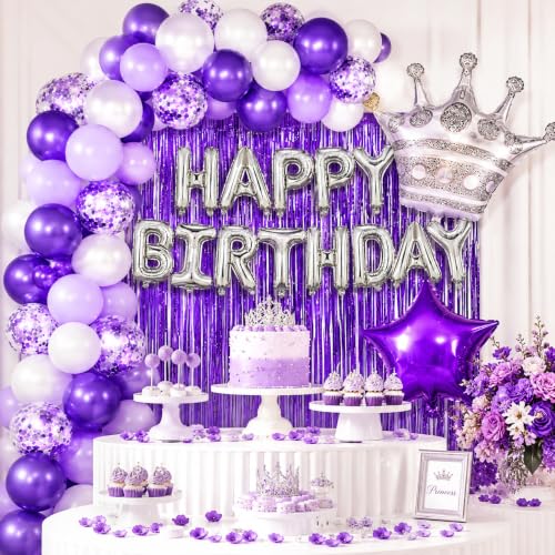 Image of Purple Birthday Decorations for Women | Happy Birthday Balloons and Star Crown Balloons, Fringe Curtain and petals for Women Girls Princess Party
