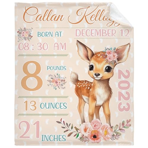 Custom Baby Deer Birth Stats Blanket, Blankets Personalized, Custom Blanket with Name, Gifts for Her, Throw Blanket Gift for Infant(40