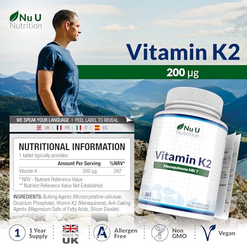 Vitamin K2 MK7 200mcg - 365 Vegan Tablets not Capsules - 1 a Day - 1 Year Supply - High Strength VIT K2 Menaquinone - Easy to Swallow - Made in The UK - Nu U Nutrition - Image 3
