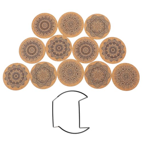 FOMIYES Posavasos Redondo de Corcho con Estampado Mandala, Antideslizante y Aislante Térmico, Tamaño Pequeño 10x0.5 Cm, 12 Unidades con Soporte para Tazas, Juego para Cocina y Comedor