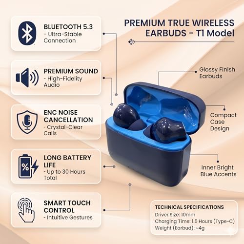 Image of Pods Black Gold Edition Bluetooth 5.3 Wireless Earbuds with ENC Noise Cancellation, 10mm Drivers, 30+ Hours Playtime, Smart Touch Control, Type-C Fast Charging, Deep Bass TWS Earphones (Blue)