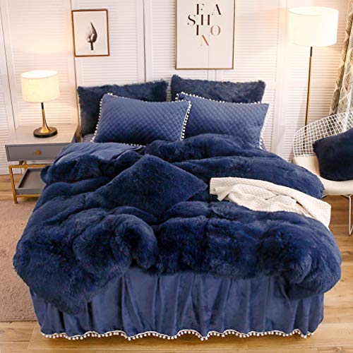 Image of LIFEREVO Luxury Plush Shaggy Duvet Cover Set, Soft Velvet Fluffy Furry Duvet Cover Set(1 Faux Fur Fuzzy Comforter Cover + 2 Pom Poms Pillowcases) Solid Bedding Set, Zipper Closure(Full /Queen, Navy)