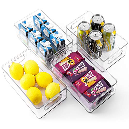 TIMART 4 Pack Organization Storage bins, Stackable Refrigerator Organizers with Handles, Plastic Storage cabinets for Freezer, Kitchen, Countertops, Pantry Food Storage Rack