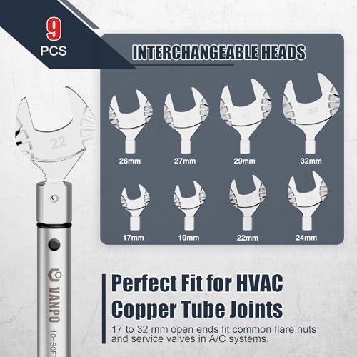 Image of VANPO HVAC Torque Wrench 10-80 Ft-lb, 9x12mm, for Mini Split AC | Adjustable Click Torque Wrench with Open End Heads (17-32mm), ±3% Accuracy, for Refrigeration Flare Nut Installation