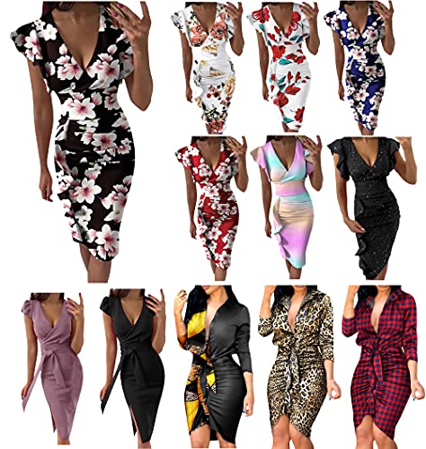 Meitianfacai Women Sexy Bodycon Party Dress V Neck Sleeveless/Long Sleeve Cold Shoulder Ruched Floral Print Wrap Dresses