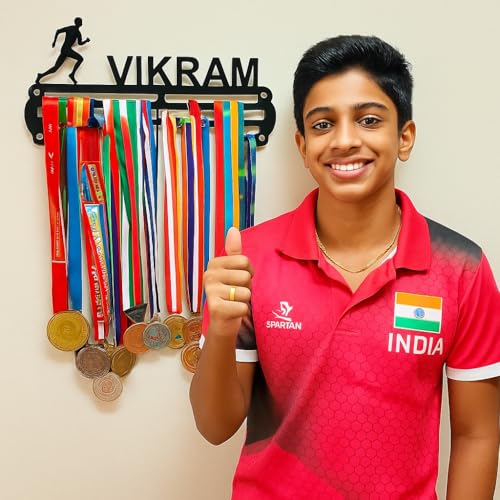Image of NAITIK CREATION Personalized Medal Hangers for Wall Display - Customised Sports Medal Holder with Custom Name, Holds Up to 65 Medals, Black Glossy Finish