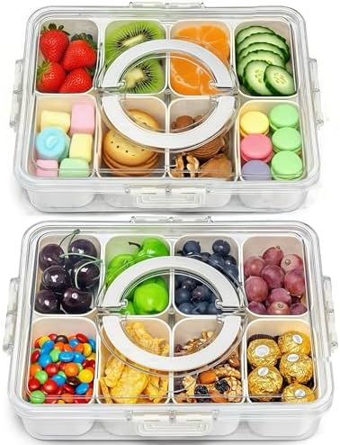 Lot de 2 boîtes à goûter avec poignées – Plateau de service divisé avec couvercles, boîte à charcuterie à 8 compartiments pour voyage, soirées cinéma et fêtes (lavage à la main uniquement)