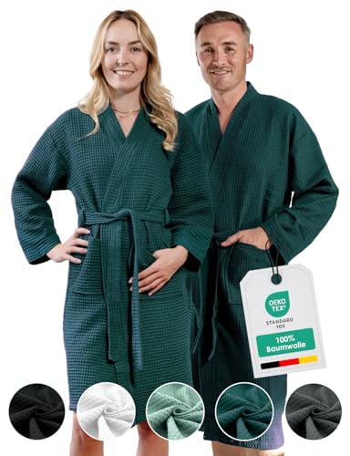 heimtexland ® Bademantel Waffelpique Reisebademantel Saunamantel 100% Baumwolle Oekotex leicht schnelltrocknend hautfreundlich für Damen und Herren Typ881 Smaragd L