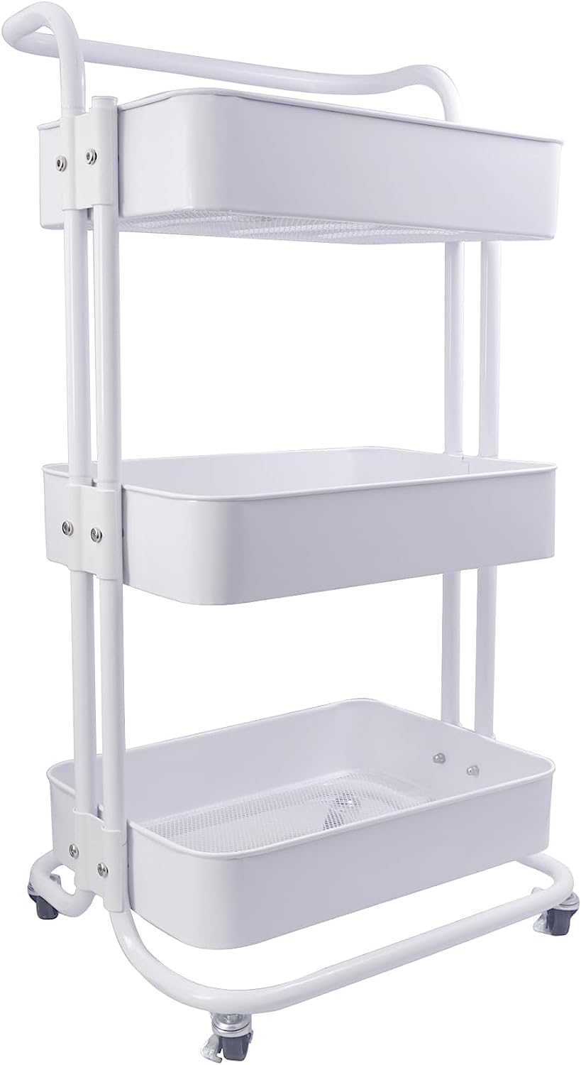 Carrello multiuso a 3 livelli in metallo con maniglia, carrello portaoggetti multifunzionale, per ufficio, soggiorno, cucina, carrelli mobili con ruote (C-bianco)