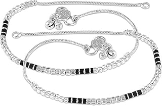 navjai Women Set of 1 Rhodium Plated Nazariya Black Beaded Sterling Silver Anklet Jewelry for Occasion Traditional Silver Metal Anklet Payal Stylish Kolusu Ghungroo Payal for Women & Girls-picture-10