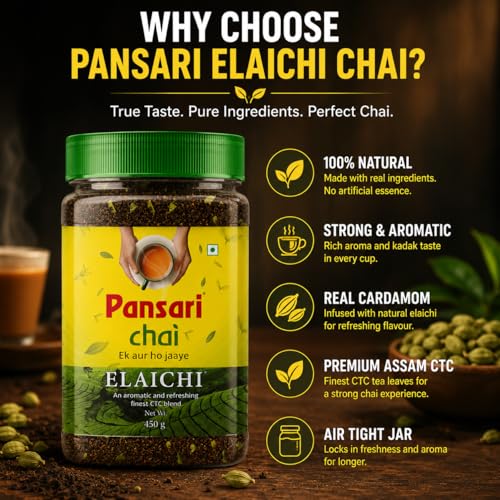 Image of Pansari Elaichi Chai | Premium CTC Assam Tea with Real Cardamom | 100% Natural Elaichi Chai Patti | No Artificial Essence | Strong Kadak Aromatic Indian Black Tea | 450g Airtight Jar
