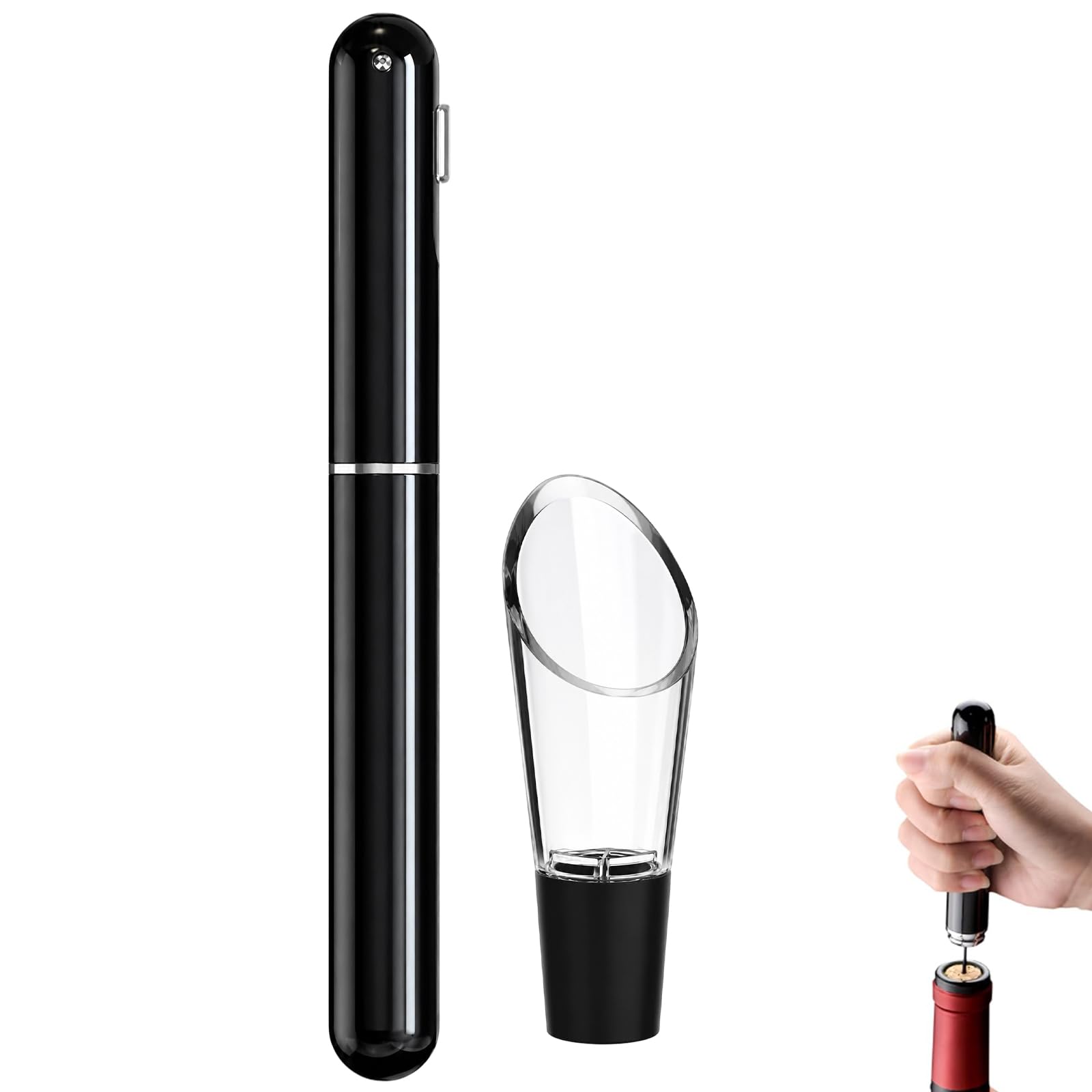 2-in-1 Air Pressure Pump Bottle Opener, Handheld Portable Cork Remover Effortless, Black Wine Opener Set with Pourer, for Home, Travel, Bars
