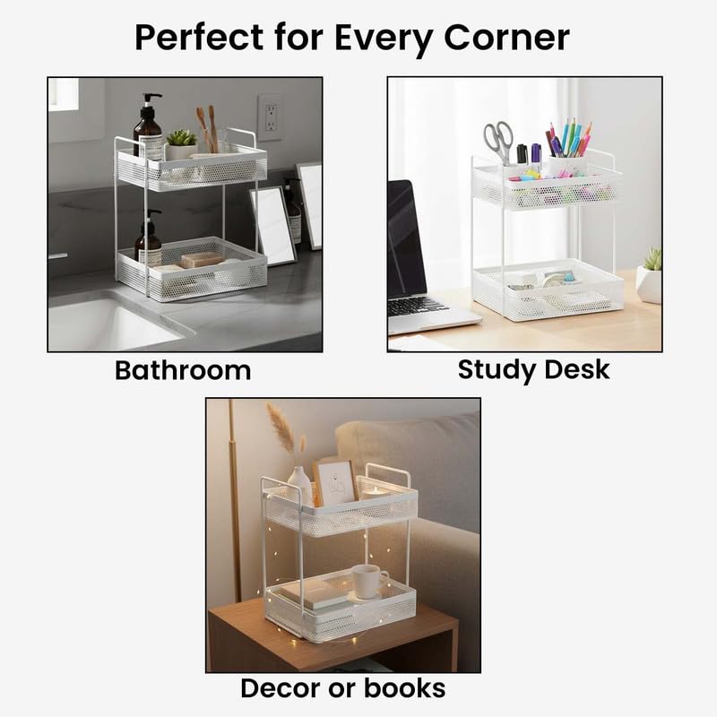 Image of Go Hooked Metal Standing Rack 2-Tier Countertop Organizer | Spices Organizer | Bathroom Essentials | Vanity Storage | Decorative Use | Cosmetic Makeup Storage (White)