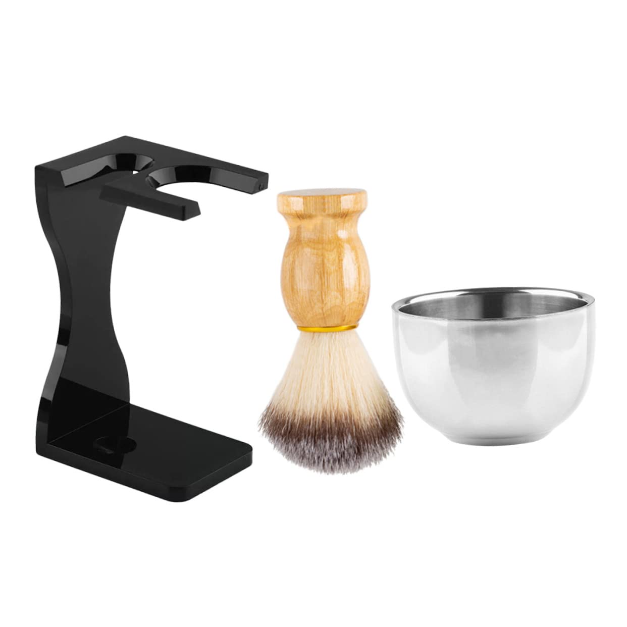 Beavorty Stainless Steel Acrylic Wood Shaving Brush Set for Men 3pc Shaving Bowl Kit Shaving Must Have Beard Brush Supply