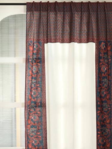 Image of Peepul Tree Mix & Match Solid & Floral Door Curtains Brick Red & Blue | 7 Feet | Set of 3 | 2 Woven & 1 Printed Curtain| 60-70% Light Blocking| Semi Blackout| Pure Cotton | Back Loop Curtains