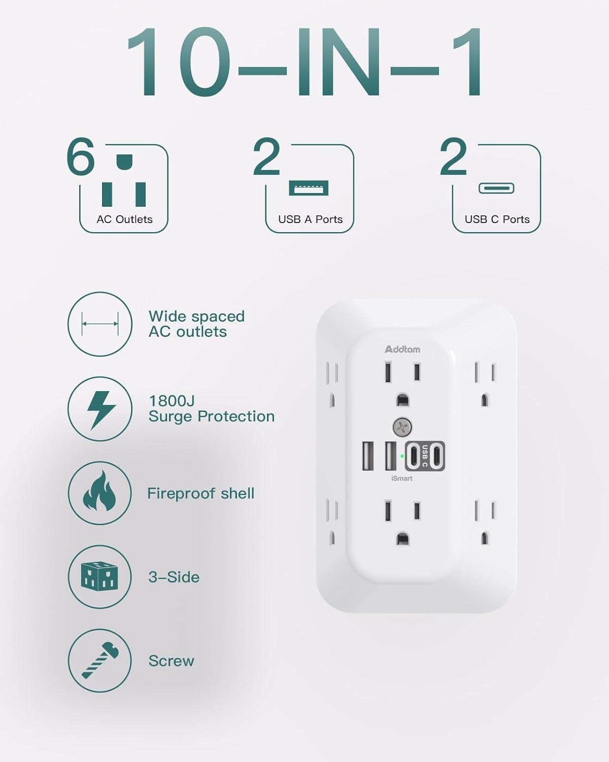 Addtam Outlet Extender Surge Protector, 6-Outlet Splitter with 4 USB Wall Charger(2 USB-C Ports), Multi Plug Wall Outlet 1800J Power Bar for Home Office Dorm Room Essentials - 2