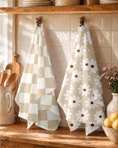 Image of Miss Adola 4pcs Flour Sack Kitchen Towels - 16x26 Inch Cotton Dish Towels Set of 4 with Hanging Loop Reusable Geometric Boho Modern Retro Tea Towel Absorbent Dishcloths Home Decor, Beige Plaid Daisy
