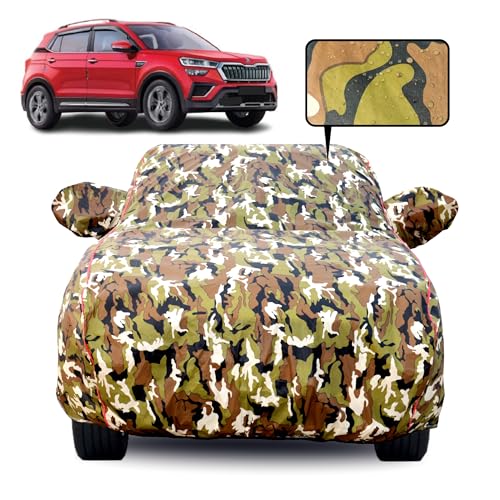 Image of Waterproof Car Body Cover for Skoda Kushaq with Mirror Pocket, Soft Cotton Lining, Triple Stitched, Full Bottom Elastic (Heat Resistant Jungle Print with Red Piping)