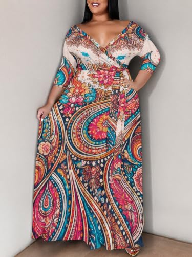 Image of SUZONANA Plus Size Maxi Dresses for Curcy Women Casual Loose 3 /4 Sleeve Long Dress with Belt