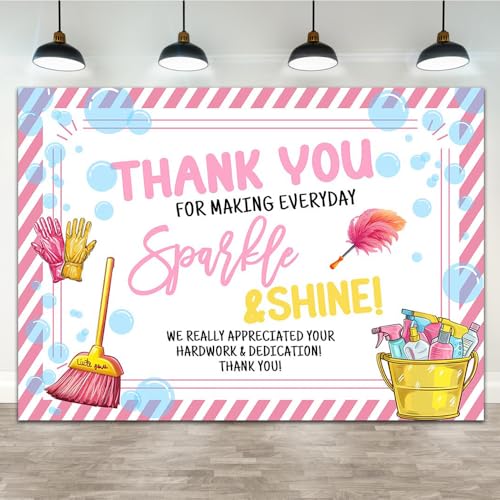 Lofaris 7x5ft Thank You for Making Everyday Sparkle and Shine Backdrop Housekeeping Week Appreciation Background Pink Broom BubblesPhotography Party Decoration Banner for Housekeeping Workers