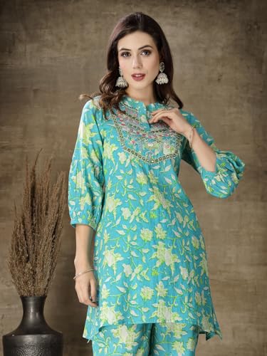 Image of Stylum Women's Printed & Embroidered Cotton Short A-Line Kurti Pant Set
