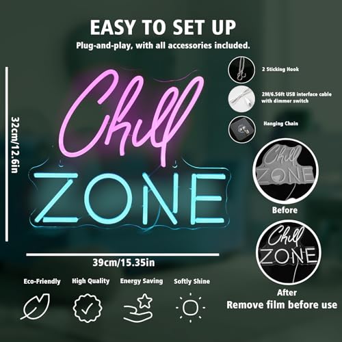 Image of Chill Zone Neon Signs for Wall Decor Dimmable LED Neon Light USB Powered Light Up Signs for Home Lounge Game Room Bar Bedroom Wall Art Man Cave Decor