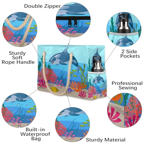 Cartoon Shark Fish Coral Beach Bag for Women Waterproof Sandproof Tote with Zipper Cotton Rope Handles for Travel Pool Gym Shopping3